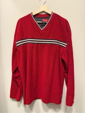 Red V-Neck Sweater with Chest Stripe